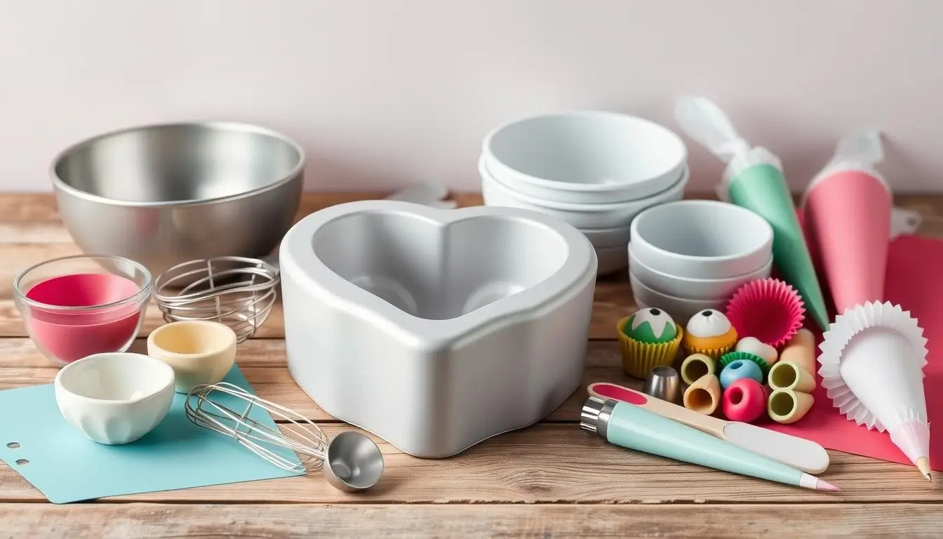 An arrangement of essential baking tools for heart-shaped cakes, including a heart-shaped cake pan, measuring cups, mixing bowls, a whisk, spatula, piping bags, silicone baking mats, and cupcake liners, on a rustic wooden countertop with a pastel background.