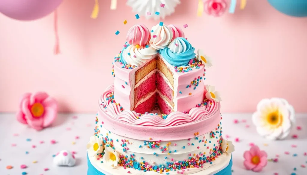 Interactive gender reveal cake with pull-apart layers or a piñata-style surprise filled with colorful candies.