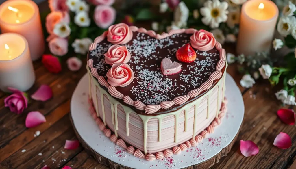 A heart-shaped cake with chocolate and raspberry filling, decorated with pink and red frosting roses, edible glitter, and white chocolate drizzle, set on a rustic wooden table with candlelight and fresh flowers.