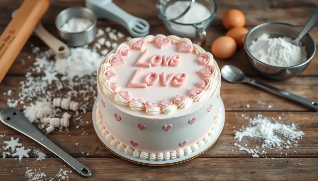 A beautifully decorated love-themed cake with intricate heart designs, soft pastel colors, surrounded by essential baking tools like measuring cups, spatulas, and mixing bowls, arranged on a rustic wooden table, with scattered ingredients like flour, sugar, and eggs creating a cozy baking atmosphere.