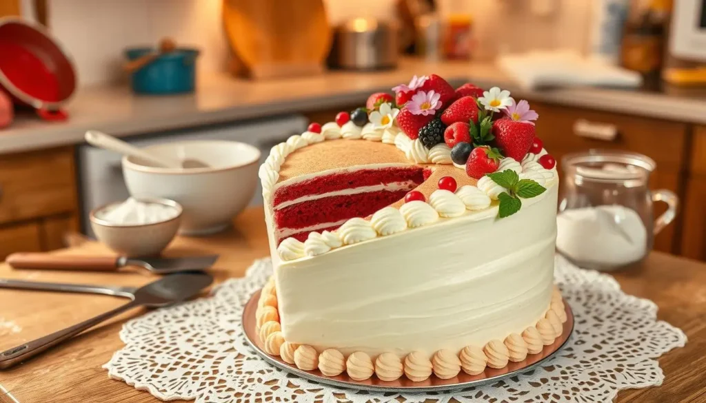 A heart-shaped red velvet cake with creamy white frosting, adorned with fresh berries and edible flowers, placed on a lace tablecloth, surrounded by baking tools and ingredients in a cozy kitchen with warm lighting.