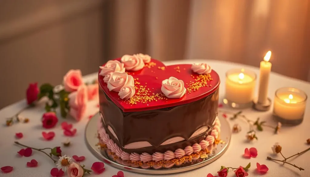 A heart-shaped red velvet cake layered with chocolate ganache, decorated with pink fondant roses and edible gold leaf, surrounded by fresh flowers and candles on a romantic table setting under warm ambient light.