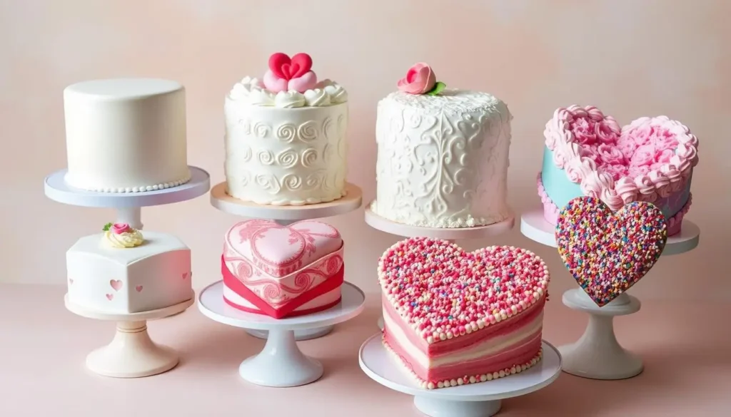 An array of heart-shaped cakes showcasing decorating techniques: smooth buttercream, intricate fondant, royal icing lace, watercolor effect, and sprinkles, on elegant cake stands against a pastel background