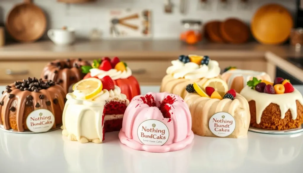 A selection of vibrant bundt cakes from Nothing Bundt Cakes, each flavor beautifully decorated with fresh toppings like strawberries, lemon slices, and chocolate chips on a kitchen countertop.