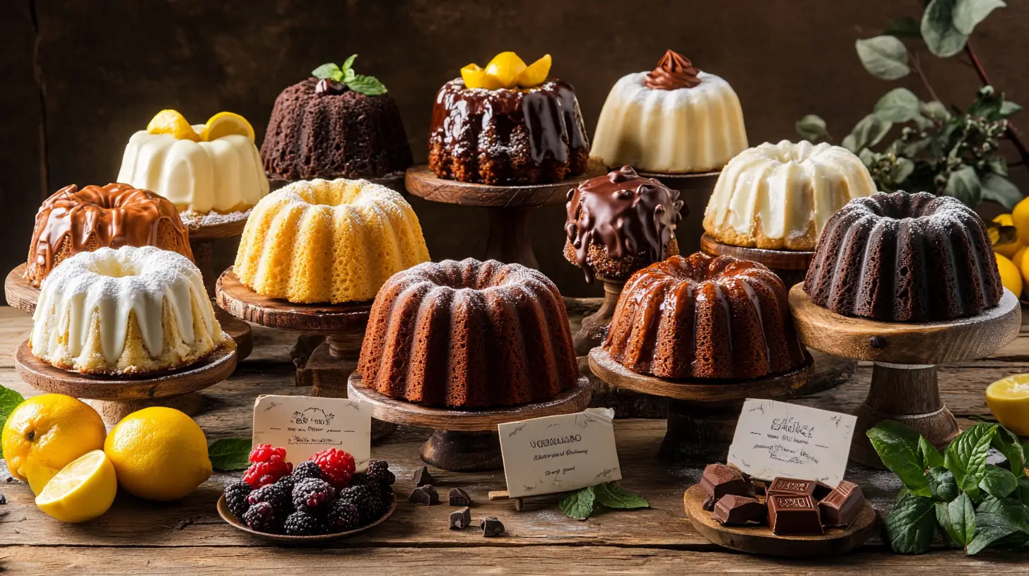 A rustic wooden table showcasing 10 different bundt cakes, each with elegant labels and surrounded by fresh ingredients like lemons, chocolate chunks, and berries.