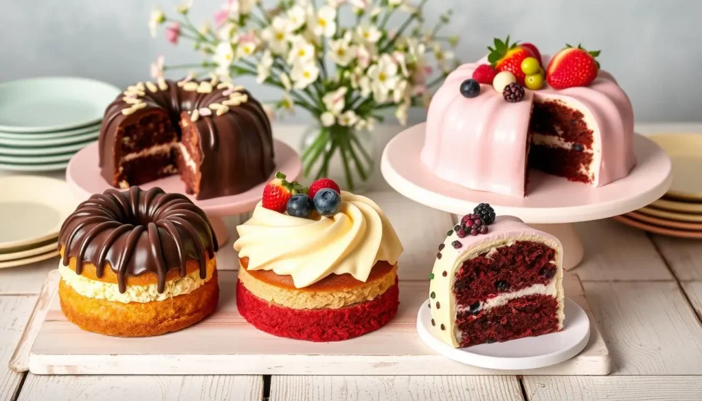 A charming assortment of bundt cakes, including chocolate, red velvet, and berry-topped creations, presented on a rustic white table with a floral background.