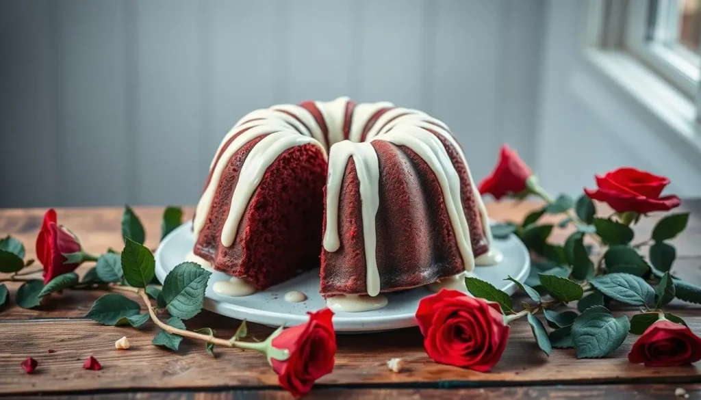 A rich red velvet bundt cake with cream cheese drizzle, surrounded by fresh red roses on a rustic wooden table