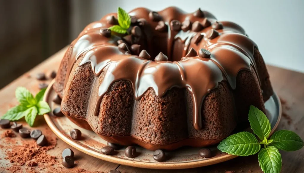 A rich and moist chocolate bundt cake drizzled with glossy chocolate ganache, topped with chocolate chips, set on a rustic wooden table with cocoa powder and fresh mint leaves.