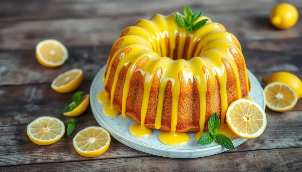 A beautifully decorated lemon bundt cake with vibrant yellow glaze dripping down the sides, surrounded by fresh lemon slices and sprigs of mint on a rustic wooden table.