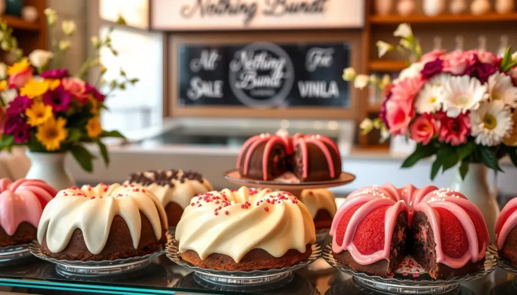 Delightful display of Nothing Bundt Cakes in various flavors, decorated with pastel frosting and sprinkles, surrounded by vibrant flowers in a cozy bakery setting