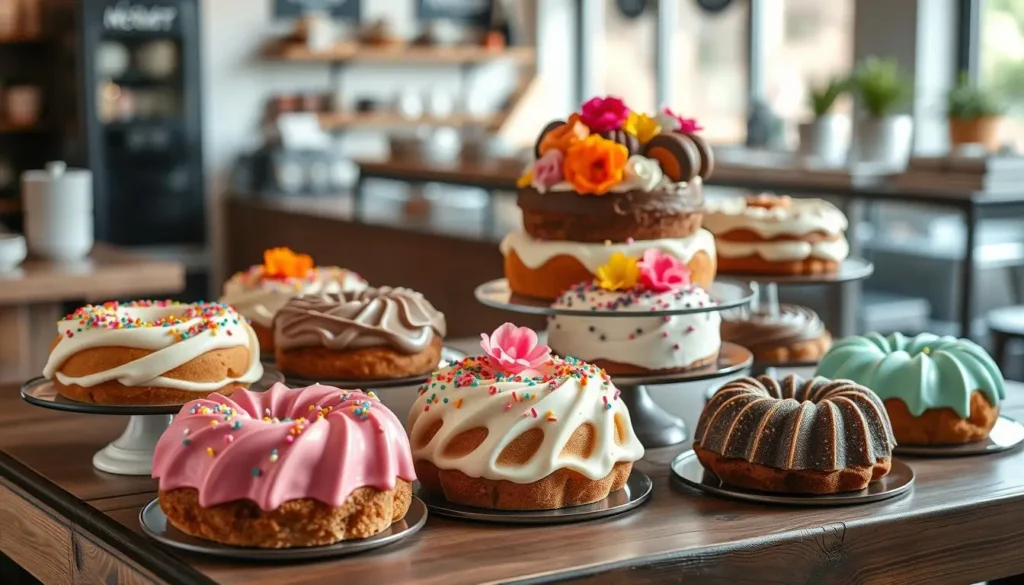 Beautifully arranged display of Nothing Bundt Cakes in various flavors and sizes, decorated with vibrant frosting, sprinkles, and fresh flowers on a rustic wooden table with a cozy bakery backdrop