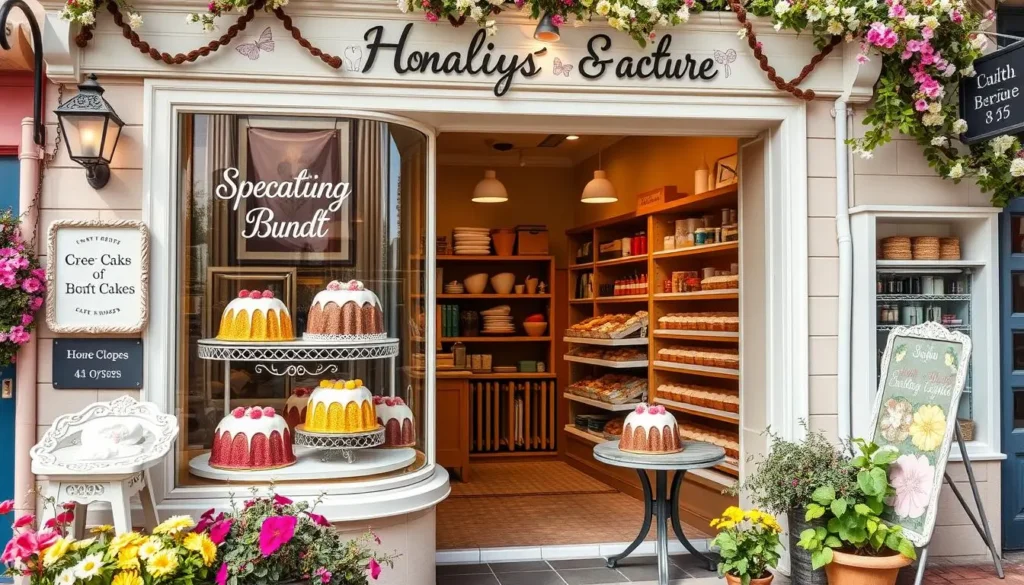 Charming cake shop with a pastel-colored exterior, whimsical decorations, and a display window featuring Bundt cakes, framed by blooming flowers and a cozy outdoor seating area.