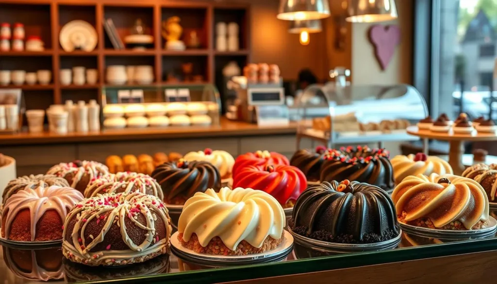 Cozy café setting with beautifully decorated Nothing Bundt Cakes on display, surrounded by warm lighting, inviting decor, and soft pastries in the background.