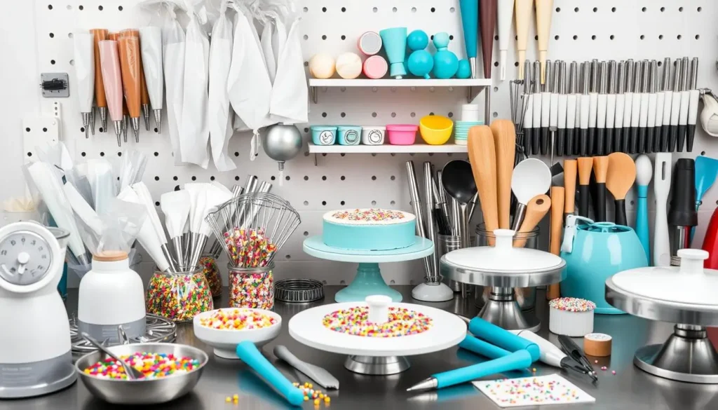 Professional cake decorating equipment, including piping bags, nozzles, spatulas, turntable, and vibrant sprinkles, arranged on a countertop with a beautifully frosted cake in the background.