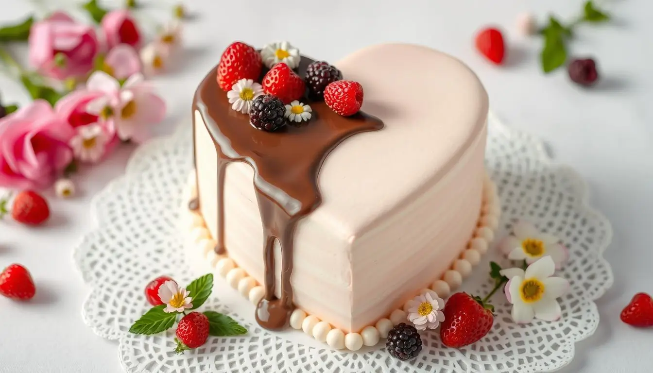 Romantic heart-shaped cake with pink frosting, drizzled chocolate, and topped with fresh strawberries, blackberries, and delicate flowers, displayed on a lace doily with floral decor in the background.