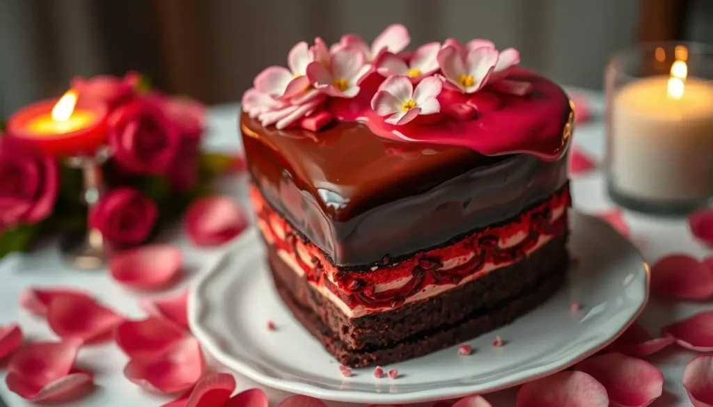 A heart-shaped cake layered with chocolate and red velvet, topped with glossy pink icing and edible flowers, placed on a white plate surrounded by candles and rose petals, with a cozy, blurred background.