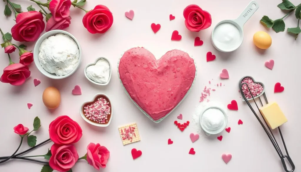 A flat lay of heart-shaped cake ingredients, including flour, sugar, eggs, butter, baking powder, and vanilla extract, surrounded by fondant roses, sprinkles, heart-shaped measuring cups, and a whisk, on a pastel background.