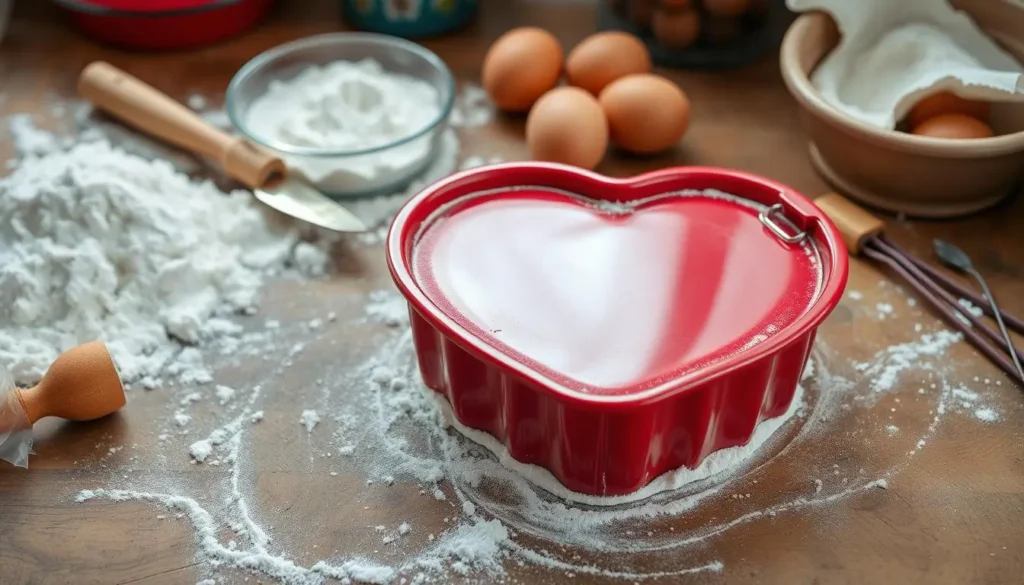 A shiny, red heart-shaped cake pan on a rustic wooden countertop, surrounded by flour, eggs, and baking utensils, softly illuminated by natural light.