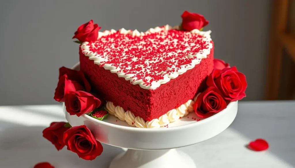 A heart-shaped red velvet cake layered with cream cheese frosting, surrounded by fresh red roses and delicate sprinkles, placed on a white cake stand under soft natural lighting.