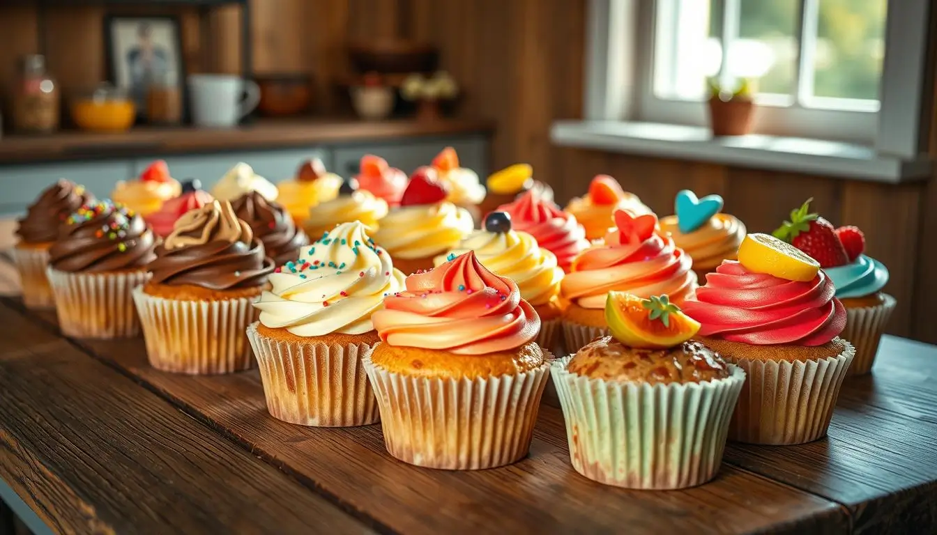 Colorful assortment of gourmet best cupcakes near me with vibrant frosting swirls in chocolate, vanilla, red velvet, and lemon flavors, topped with sprinkles and fresh fruit, on a rustic wooden table lit by natural sunlight.