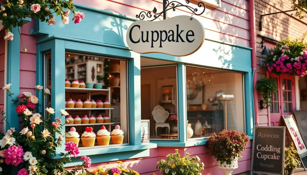 Charming local best cupcakes near me shop with a colorful storefront, freshly baked cupcakes in the window, blooming flowers and greenery, whimsical sign above the door, and vintage décor visible through the window.