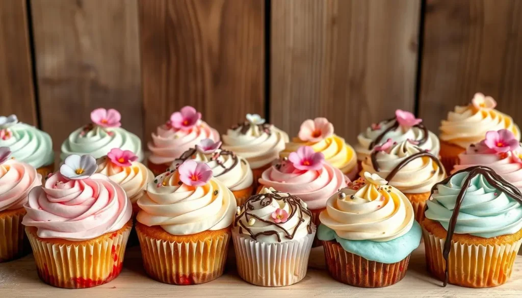 Vibrant display of gourmet best cupcakes near me with intricate pastel-colored frosting, edible flowers, sprinkles, and chocolate drizzles, set against a rustic wooden background under soft natural lighting.