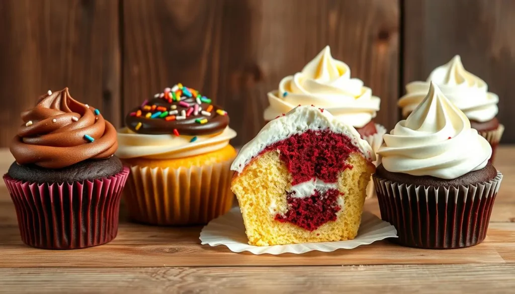 Tempting display of assorted best cupcakes near me including chocolate, vanilla with sprinkles, red velvet with cream cheese icing, and lemon meringue with a fluffy peak, on a rustic wooden background under soft natural lighting.