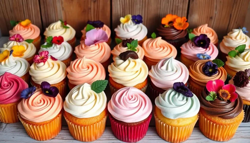 Beautifully arranged display of artisanal best cupcakes with handcrafted frosting swirls, edible flowers, and organic fruit garnishes, set on a rustic wooden background under soft natural lighting.