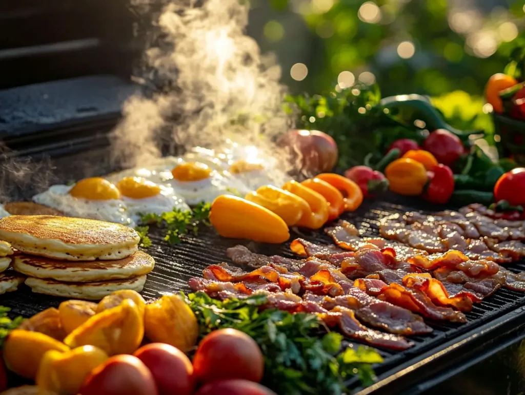 A flat-top grill loaded with breakfast delights: golden pancakes, sizzling bacon, fluffy scrambled eggs, colorful bell peppers, and toasted bagels, surrounded by fresh fruits and herbs, with steam rising and morning sunlight adding warmth to an outdoor cooking scene.