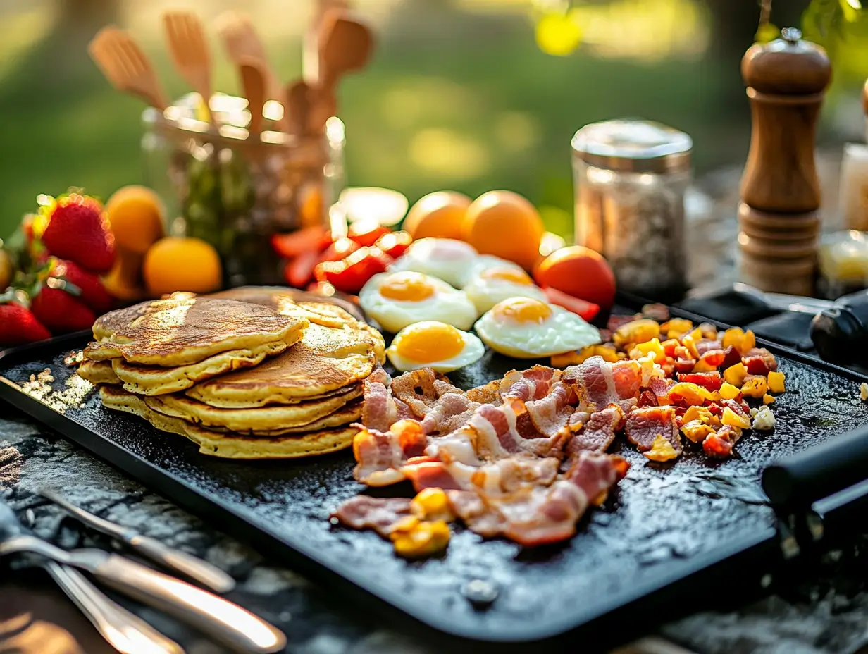 A Blackstone griddle outdoors showcasing golden pancakes, sizzling bacon, fluffy scrambled eggs, fresh fruit, and crispy hash browns, with kitchen utensils nearby and bathed in warm morning sunlight.