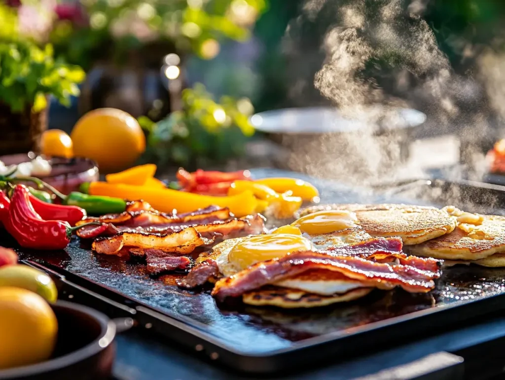 A sunlit outdoor patio with a Blackstone griddle sizzling with golden pancakes, crispy bacon, fluffy scrambled eggs, and colorful bell peppers, surrounded by fresh herbs, fruit garnishes, and vibrant kitchen utensils.