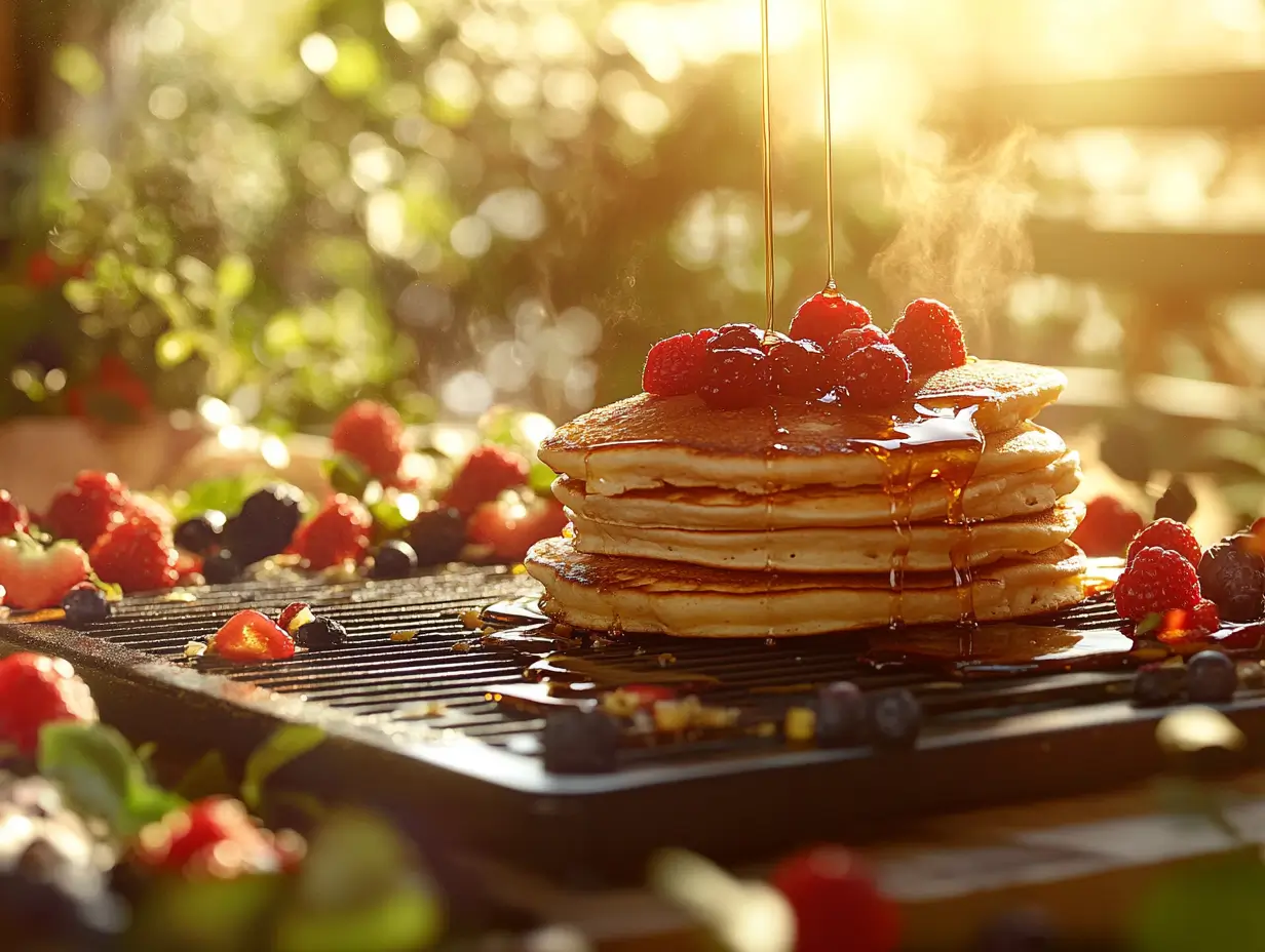 A breakfast spread on a Blackstone grill featuring fluffy pancakes and golden French toast, topped with fresh berries and dripping maple syrup, illuminated by warm morning sunlight.