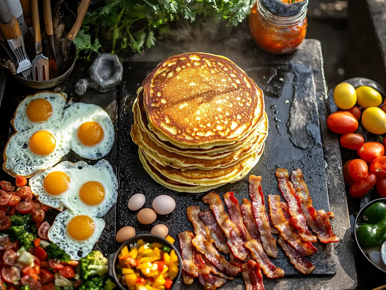 A Blackstone griddle with a colorful spread of classic breakfast items, including golden pancakes, crispy bacon, fluffy scrambled eggs, and vibrant sautéed vegetables, surrounded by utensils and ingredients in a warm morning glow.