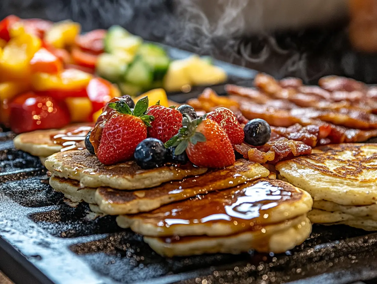 A close-up of fluffy pancakes sizzling on a Blackstone grill, topped with strawberries, blueberries, and maple syrup, alongside crispy bacon and colorful vegetables, with steam rising and a golden sunrise in the background.