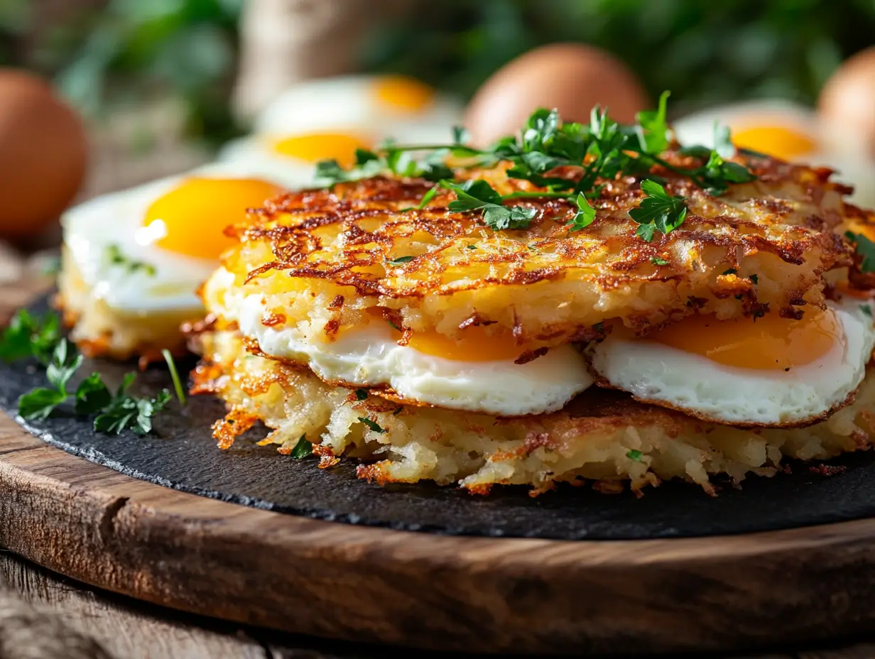 A golden-brown, crispy hash brown piled high on a rustic wooden plate, garnished with fresh herbs, served with perfectly cooked eggs on a sizzling Blackstone griddle, illuminated by warm morning light.