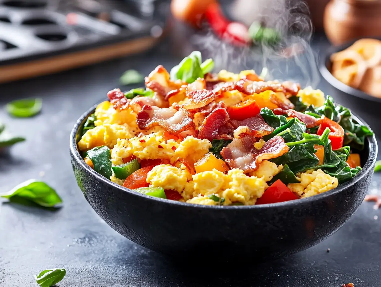 A vibrant breakfast bowl filled with fluffy scrambled eggs, crispy bacon, diced bell peppers, and fresh spinach, with a steaming Blackstone griddle and scattered utensils in the background, illuminated by bright morning light.