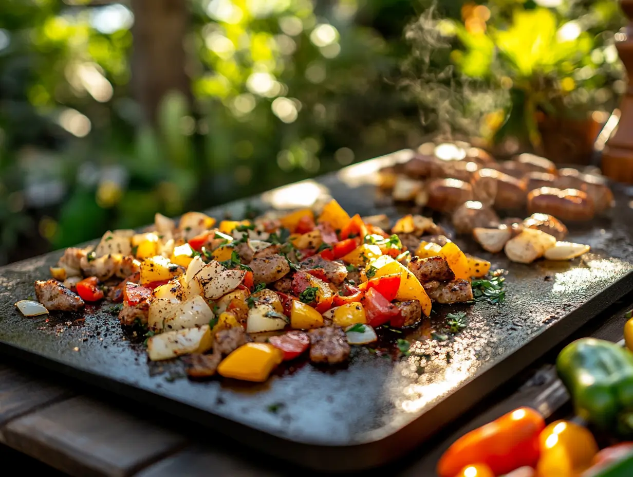 A lively outdoor cooking scene with a Blackstone griddle featuring breakfast hash: colorful bell peppers, diced onions, crispy potatoes, golden-brown sausage, and eggs, surrounded by fresh herbs and spices, illuminated by warm sunlight.