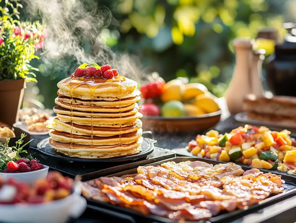 An outdoor griddle setup with fluffy pancakes stacked high and syrup dripping down, sizzling bacon, golden hash browns, colorful vegetable omelets, and fresh fruits like berries and bananas, with steam rising in the warm morning sunlight.