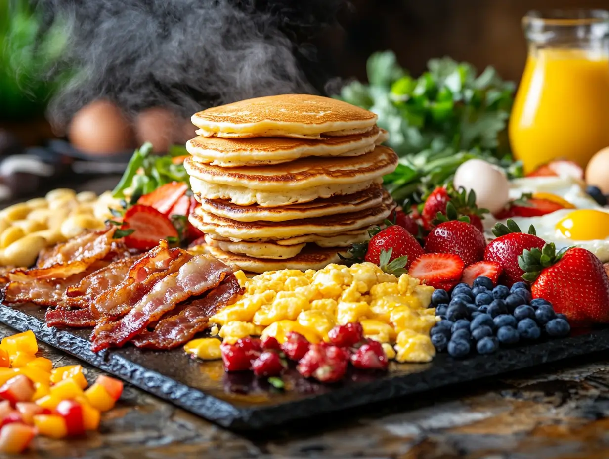 A Blackstone griddle loaded with golden pancakes stacked high, sizzling bacon, fluffy scrambled eggs, and colorful fresh vegetables, surrounded by vibrant strawberries and blueberries, with steam rising and warm morning light.