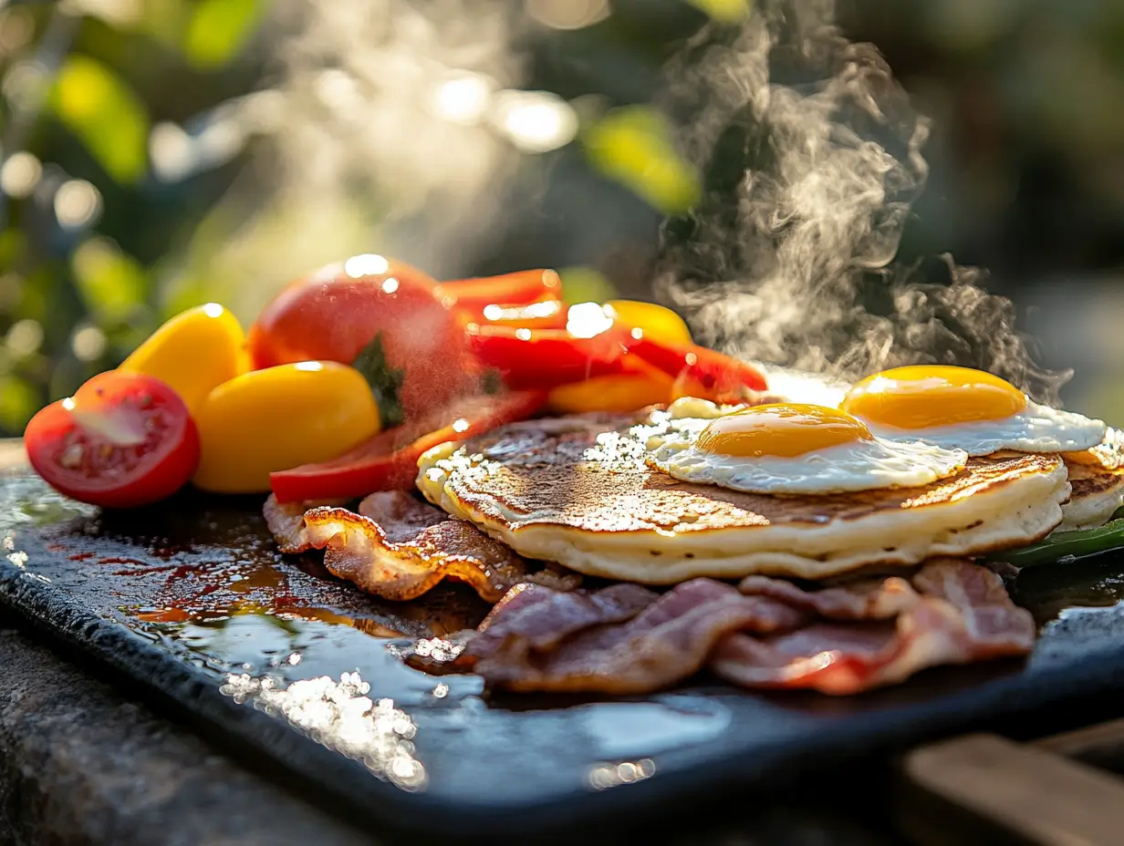 An inviting outdoor breakfast scene on a Blackstone griddle with fluffy pancakes, sizzling bacon, colorful bell peppers, sunny-side-up eggs, and fresh fruit, surrounded by morning light, rising steam, and greenery swaying in the breeze.