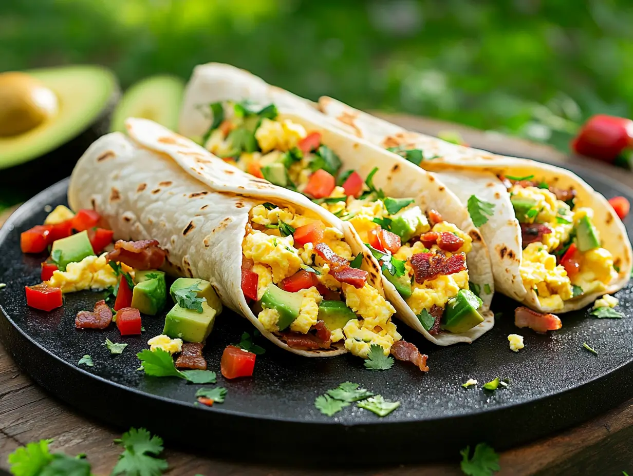 An outdoor scene with a Blackstone griddle cooking breakfast burritos filled with scrambled eggs, bell peppers, and crispy bacon, surrounded by fresh avocado slices and herbs, illuminated by morning sunlight with a green grass and trees backdrop.