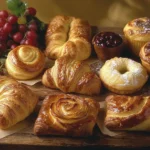 An assortment of freshly baked breakfast pastries, including croissants, danishes, and muffins, arranged on a rustic wooden table with soft morning light and vibrant seasonal fruits nearby.