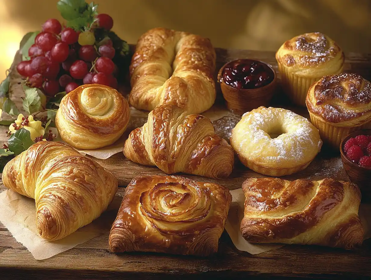 An assortment of freshly baked breakfast pastries, including croissants, danishes, and muffins, arranged on a rustic wooden table with soft morning light and vibrant seasonal fruits nearby.