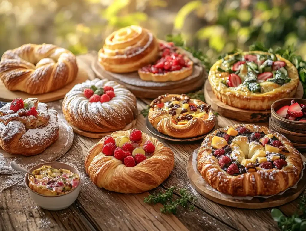 A variety of breakfast pastries on a rustic wooden table, including croissants, fruit-topped danishes, cinnamon rolls with icing, and savory vegetable quiches, illuminated by warm morning sunlight with a soft bokeh background.