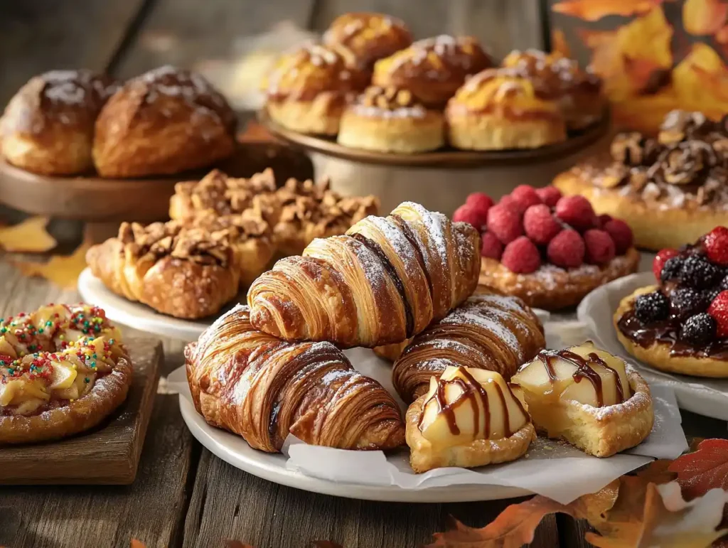 A display of seasonal breakfast pastries, including spiced pumpkin croissants, caramel-drizzled apple turnovers, chocolate éclairs with festive sprinkles, and berry tarts with powdered sugar, set on a rustic wooden table with autumn leaves and morning light.