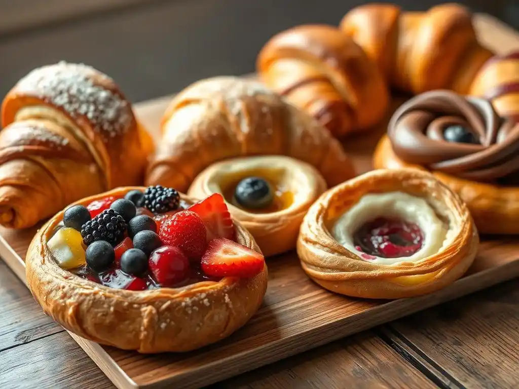 An assortment of breakfast pastries, including flaky croissants, vibrant fruit danishes, and rich chocolate twists, arranged on a rustic wooden table with soft morning light highlighting their golden crusts and colorful fillings.