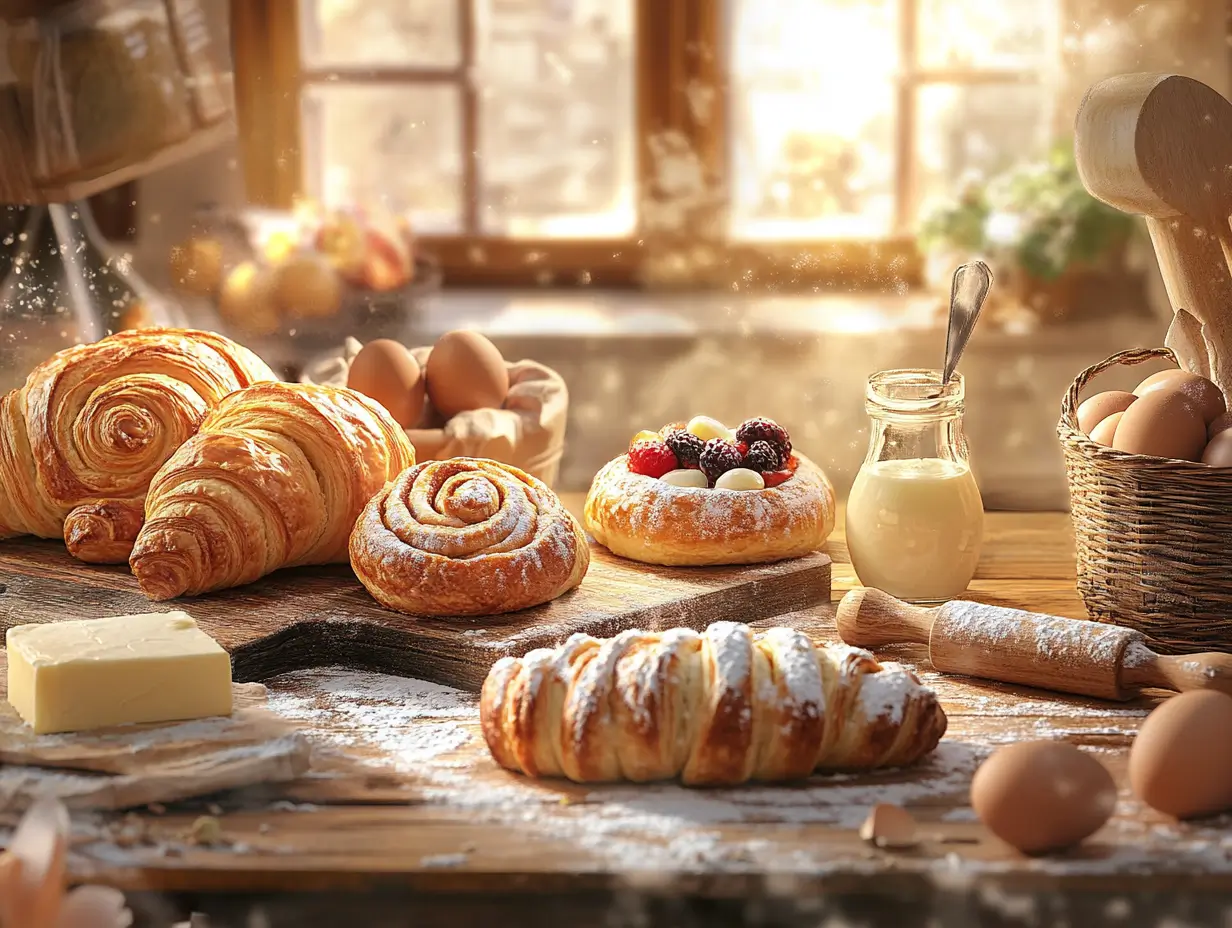 A cozy kitchen scene featuring freshly baked breakfast pastries on a wooden table, including flaky croissants, golden fruit-filled danishes, and soft cinnamon rolls, surrounded by flour, butter, eggs, and a rolling pin, with warm morning light streaming through a window.