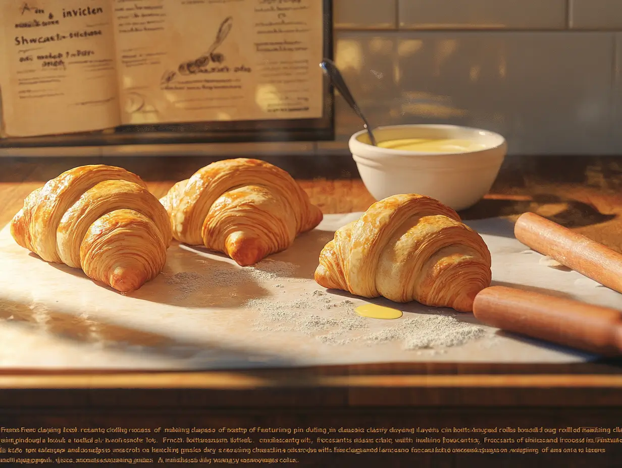 An inviting kitchen scene depicting the process of making classic French croissants, with buttery dough being rolled out, a flour-dusted rolling pin, a bowl of melted butter, and freshly shaped croissants on a baking sheet, illuminated by warm golden light.