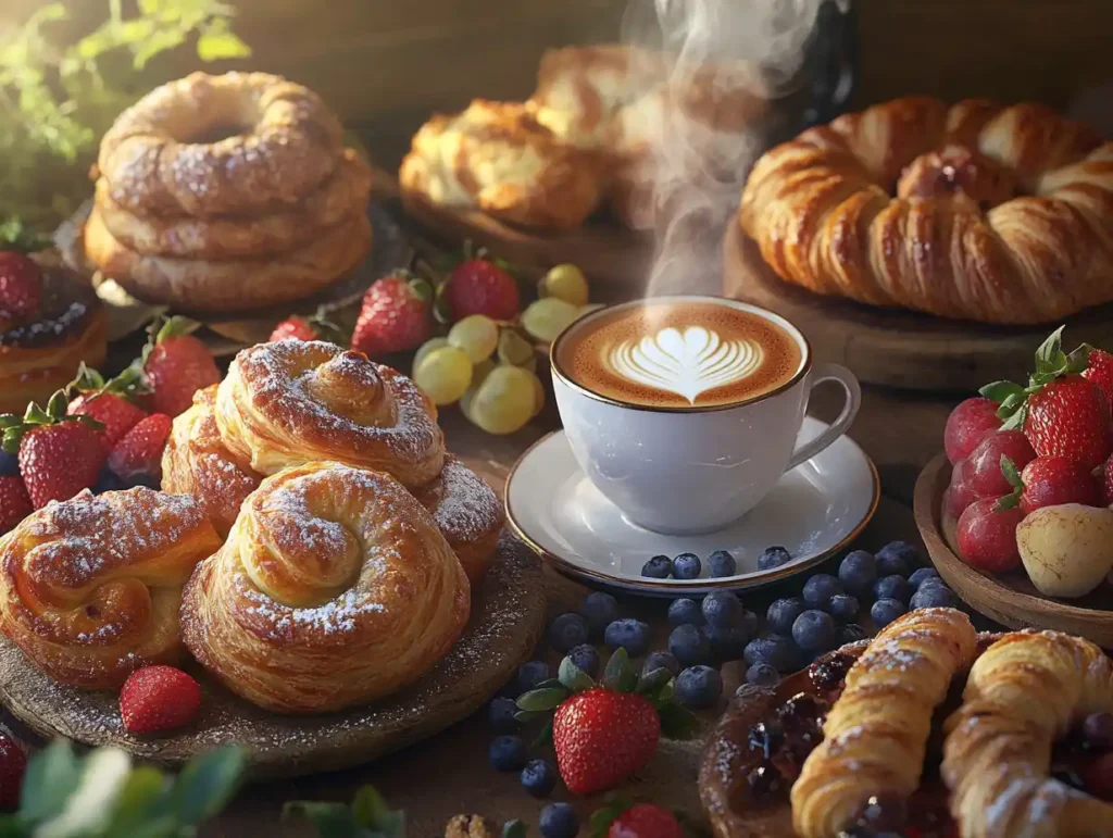 A beautifully arranged breakfast spread with freshly baked pastries, including flaky croissants, sweet cinnamon rolls, and fruit-filled danishes, accompanied by a steaming cup of coffee, fresh fruits, and soft morning light on a rustic wooden table.