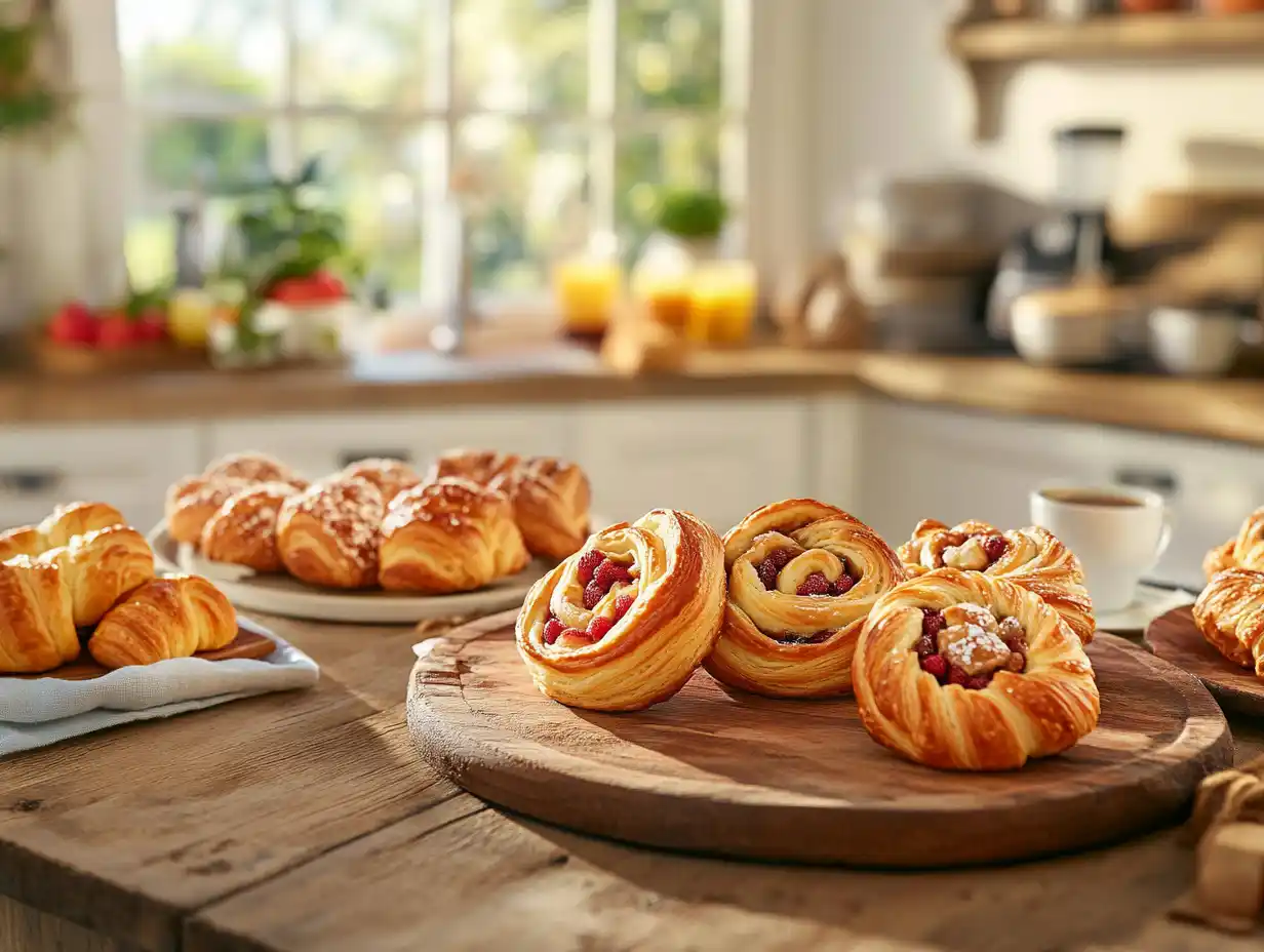 A vibrant kitchen scene featuring freshly baked breakfast pastries like croissants, fruit-filled danishes, cinnamon rolls with icing, and puff pastries, artfully arranged on a rustic wooden table with fresh coffee and colorful fruits, illuminated by natural light.